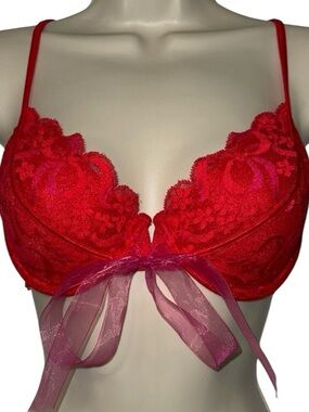 Victoria's Secret Push Up Underwire Front Close Bra w Bow Red Lace 34D
